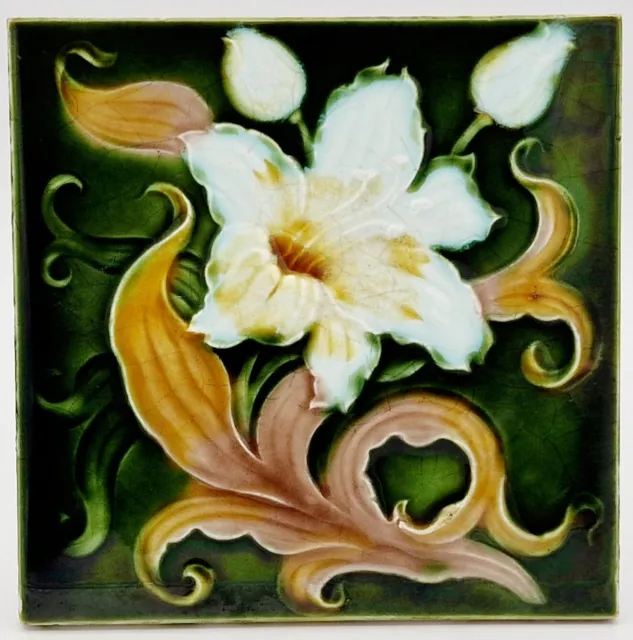 Art Nouveau Moulded Majolica Tile by Henry Richards C1908 AE4