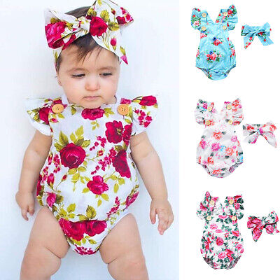 Newborn Infant Baby Girl Floral Romper Headband Jumpsuit Bodysuit Clothes Outfit