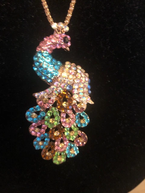 Betsey Johnson Rhinestone Colorful Bling Peacock Crystal Pendant Chain Necklace