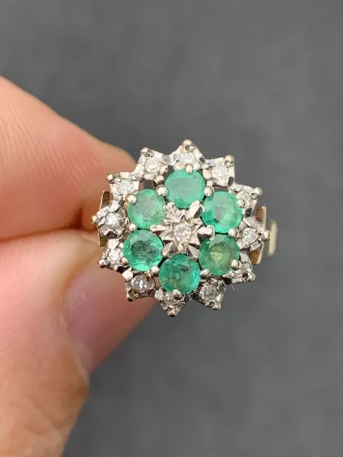 9CT GOLD EMERALD & Diamond Vintage Cluster Ring, 9k 375 $25.70 ...