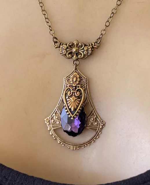 Vintage Necklace Art Deco Brass Filigree Purple Violet Rhinestone Pendant