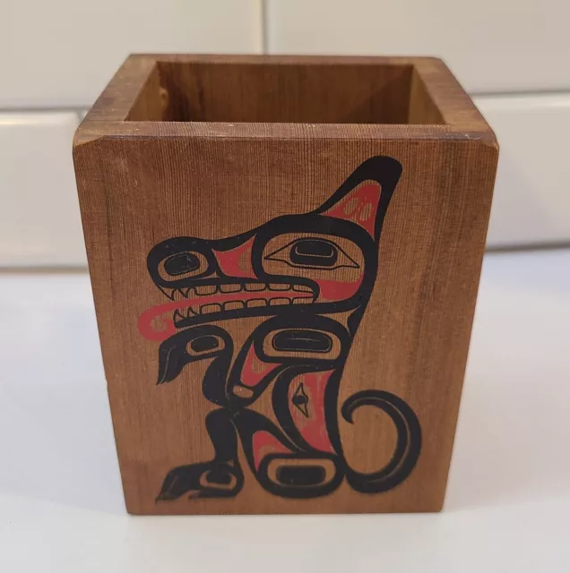 Upper Skagit Tribe Wooden Decor Pencil Holder Painted Totem Dog Bird Whale 1991