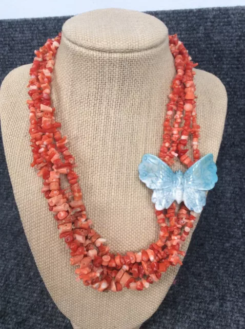 Beautiful Hand Made Sandra David Salmon Coral Butterfly  necklace