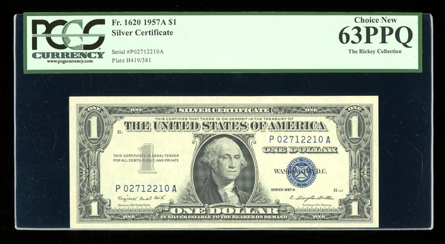 DBR $1 1957-A Silver Fr. 1620 PA Block PCGS 63 PPQ Serial P02712210A
