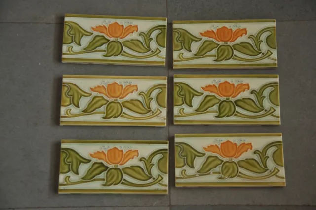 6 Pc Vintage D.K Trademark Flowers Embossed Ceramic Tiles,Japan