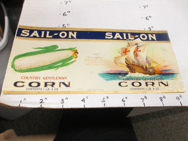 SAIL-ON country corn 1930s sailing ship tin can food paper label General Grocer