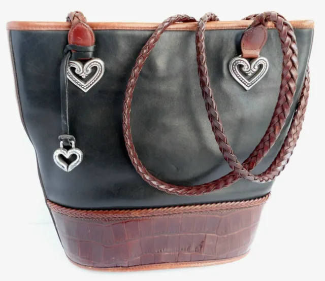 Vintage Brighton Bucket Black/Brown Moc Croc Leather Handbag Tote Bag No. 622981