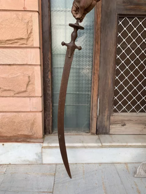 18th C Antique Mughal Period Rajput Hand Forged Solid Iron Sword Katar Talwar