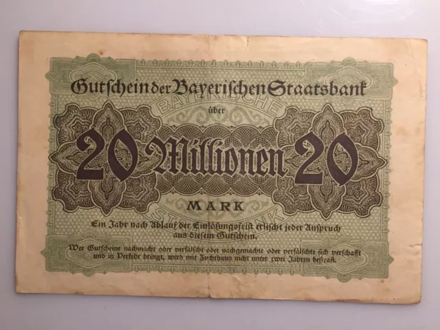 20 Millionen Mark Gutschein Bayerische Staatsbank 1923