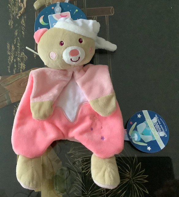 NEUF Doudou ours sucre Dorge phosphorescent rose blanc beige bonnet