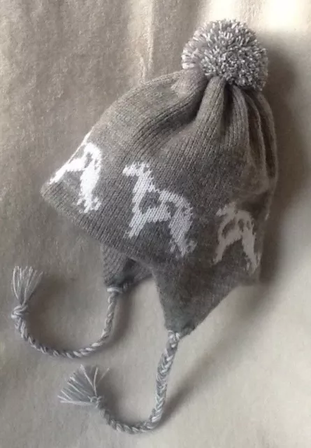 BORZOI/RUSSIAN WOLFHOUND  dog on knitted GREY  ADULT TRAPPER EAR FLAP HAT