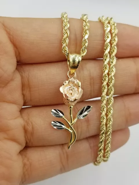 10k Trio Gold Rose Flower Charm Rope Chain Pendant 2.5mm 18 20 22 24 26 28 Inch