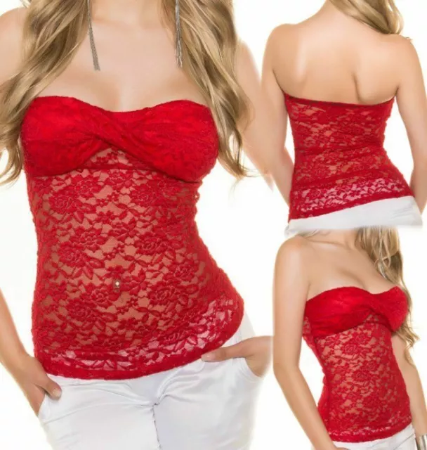 SeXy Miss Damen Bandeau Spitze transparent trägerlos Party Top 32/34/36 rot