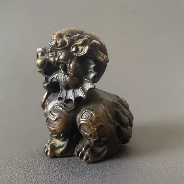 China Dynasty Folk Collect Old Red Copper Fu Foo Dog Lion Beast Statue#