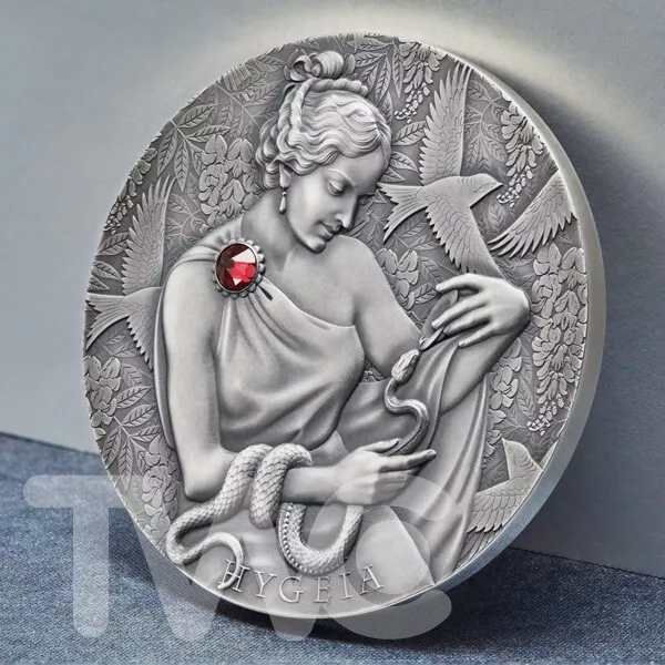 Hygeia 2 oz Antique finish Silver Coin 10 Cedis Republic of Ghana 2021