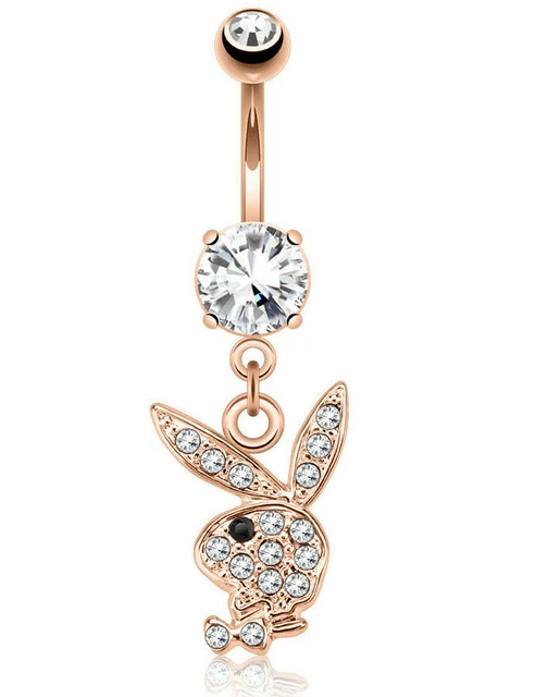 1pc Rose Gold CZ Gem Paved Playboy Bunny Dangle Belly Ring Navel Naval Licensed