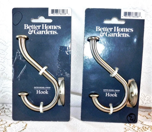 Nuevo en paquete lote de 2 ganchos de circo de 2 clavijas con acabado de níquel satinado de 2 clavijas Better Homes & Garden