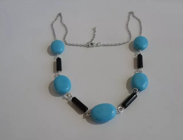 925 Sterling Silver Ladies Necklace Pendant W/ 33 Cts  Turquoise& Black Agate 3