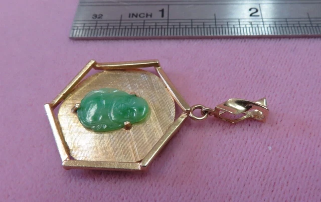 VTG 14k Solid Y. Gold Good Fortune Carved Buddha Jadeite Jade Pendant 6.83 Grams