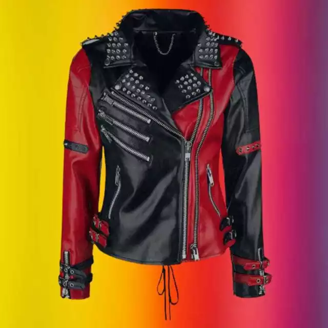 Mens Black/Red Leather Motorcycle Jacket Genuine Cowhide Biker Leather Jacket