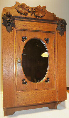 Ornate C. 1890 Antique Oak Medicine Cabinet Oval Mirror Towel Bar VERY NICE!