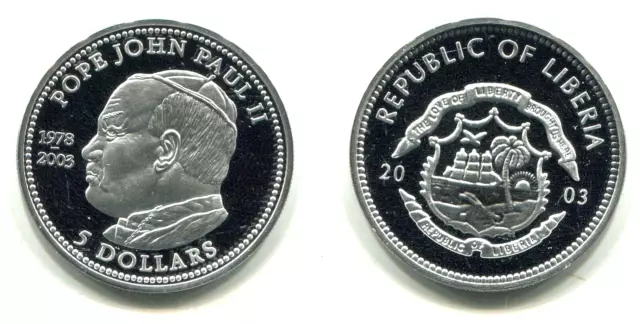 5 Dollars Liberia 2003 Proof Silber  "Johannes Paul II"