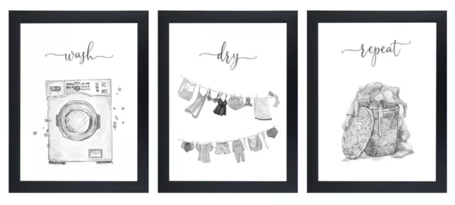 Utility Room Set of 3 Prints Wash Dry Repeat Laundry Posters Kitchen A4 Unframed