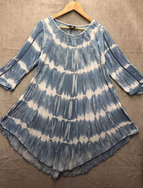 Advance Women’s Dress One Size Boho Tie Dye Blue Flare Flowy 100% Rayon