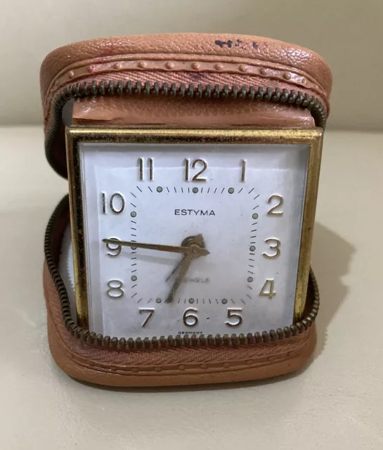 Vintage Estyma German 2 Jewels Zip Case Travel Alarm Clock