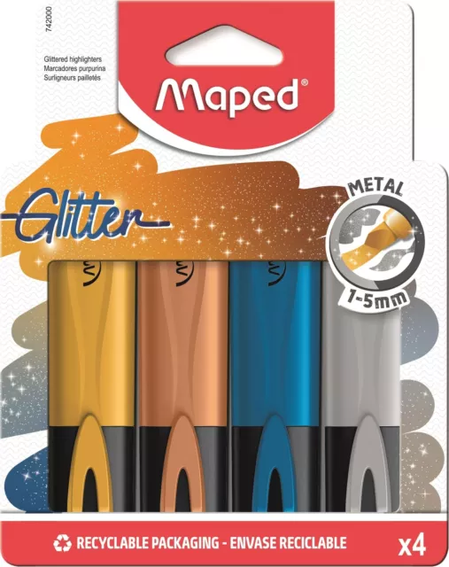 Maped Fluo Peps Classic Metallic Glitter Highlighters, Pack of 4, Gold, Copper,