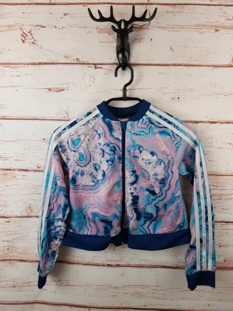 Adidas Girls Track Jacket 9-10 Years Pink Blue Cropped Tracksuit Top Zip Sports