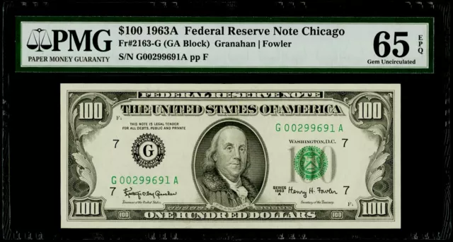 $100 1963A Federal Reserve Note Chicago Fr#2163-G PMG 65 EPQ Gem Uncirculated