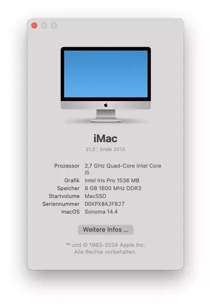 APPLE 21,5” iMac (2013) - Intel Core i5 2,7 GHz - 8GB RAM  - OVP TOPZUSTAND