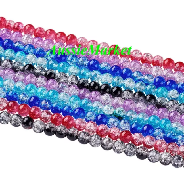 50 x Glass loose beads crackled crackle mixed colours round 8mm crafts jewellery