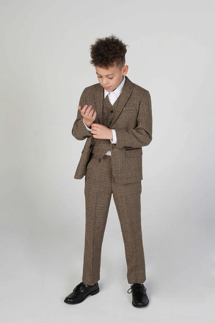 Abito 3 pezzi ragazzo marrone tweed premium bambini bambini pagina matrimonio ragazzo età 1-14