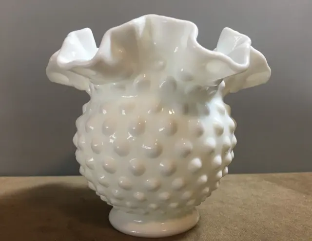 Vintage Small Fenton Milk Glass Hobnail Vase / Rose Bowl - Ruffled Edge - 1952 3