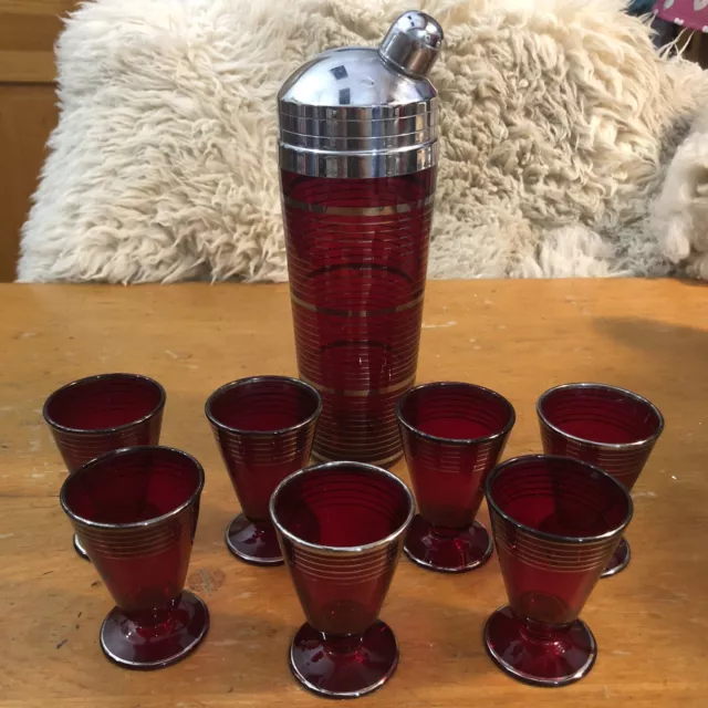 Stunning Mid Century Modern Ruby Glass Cocktail Shaker Set With 7 Glasses