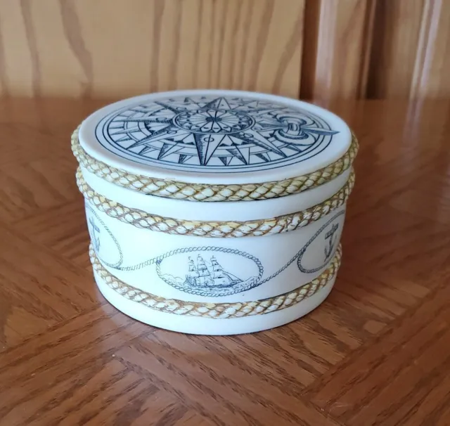 Nautical Embossed Ceramic Pottery Trinket Jewelry Box White Round Ship Design