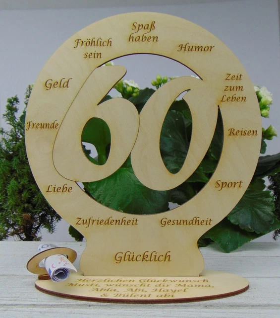 GESCHENK 60 GEBURTSTAG mit Wunschgravur Geldgeschenk aus Holz EUR 10,96