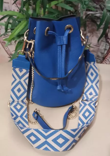 Borsa vera pelle donna ragazza secchiello blu royal con tracolla Mis Media