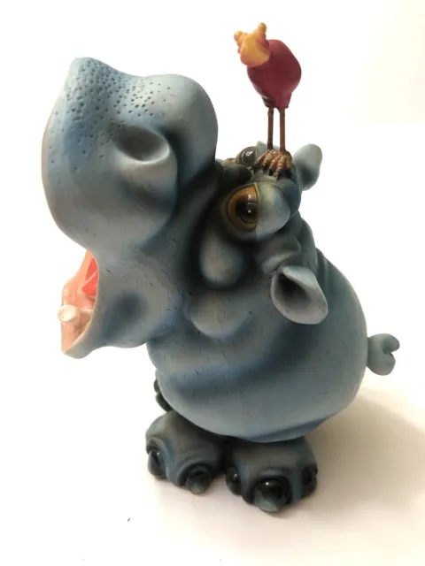 Vintage Cute Blue Hippo Coin Bank Open Mouth With Bird On Head
