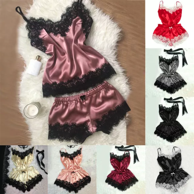 Womens Sexy Satin Lace Sleepwear Babydoll Lingerie Nightdress Pajamas Set 2PCS