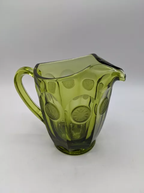 Fostoria Coin Dot Glass Olive Green Water Pitcher 6.5" Tall