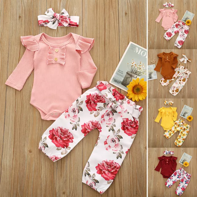 Newborn Baby Girls Ruffle Long Sleeve Romper Tops + Floral Pants Clothes Outfits