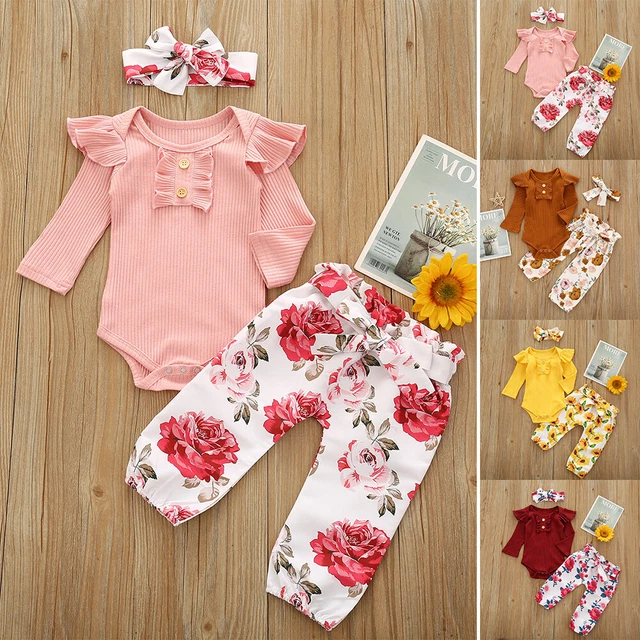 Top romper neonate neonate maniche lunghe + pantaloni floreali abiti
