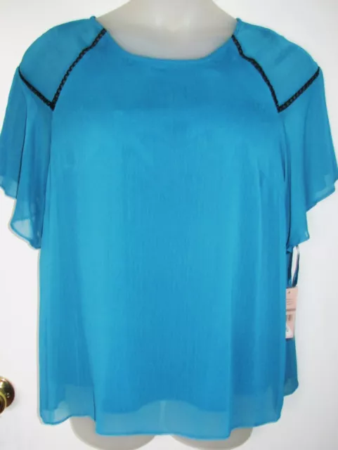 NWT Teal NANETTE LEPORE Lined Semi Sheer CUTOUT DETAIL Flutter Slv Top Blouse 1X