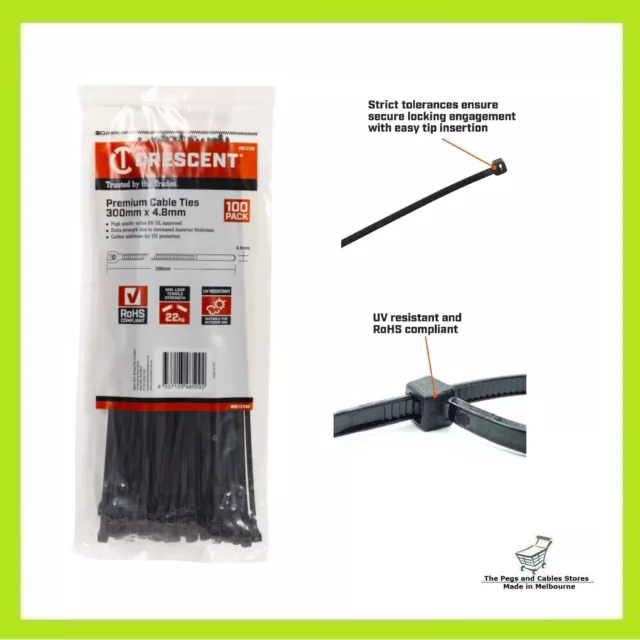 Crescent 300 x 4.8mm Black Cable Ties - 100 Pack