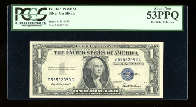 DBR $1 1935-F Silver Fr. 1615 ZI Block PCGS 53 PPQ Serial Z55522053I