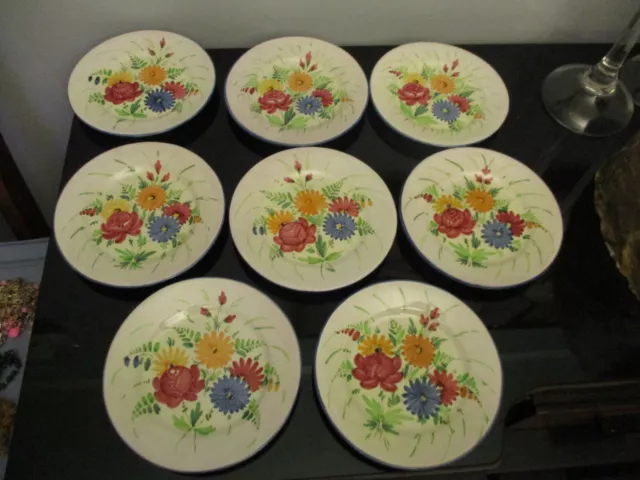 8 Vintage Italian Hand Painted Floral Faience Art Pottery Salad Plates Signed!