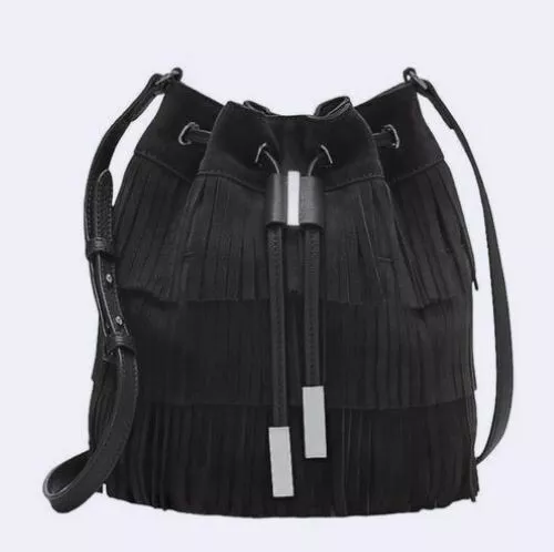 VINCE CAMUTO Black Suede Leather Fringe Bucket Drawstring Shoulder Bag NWT $278